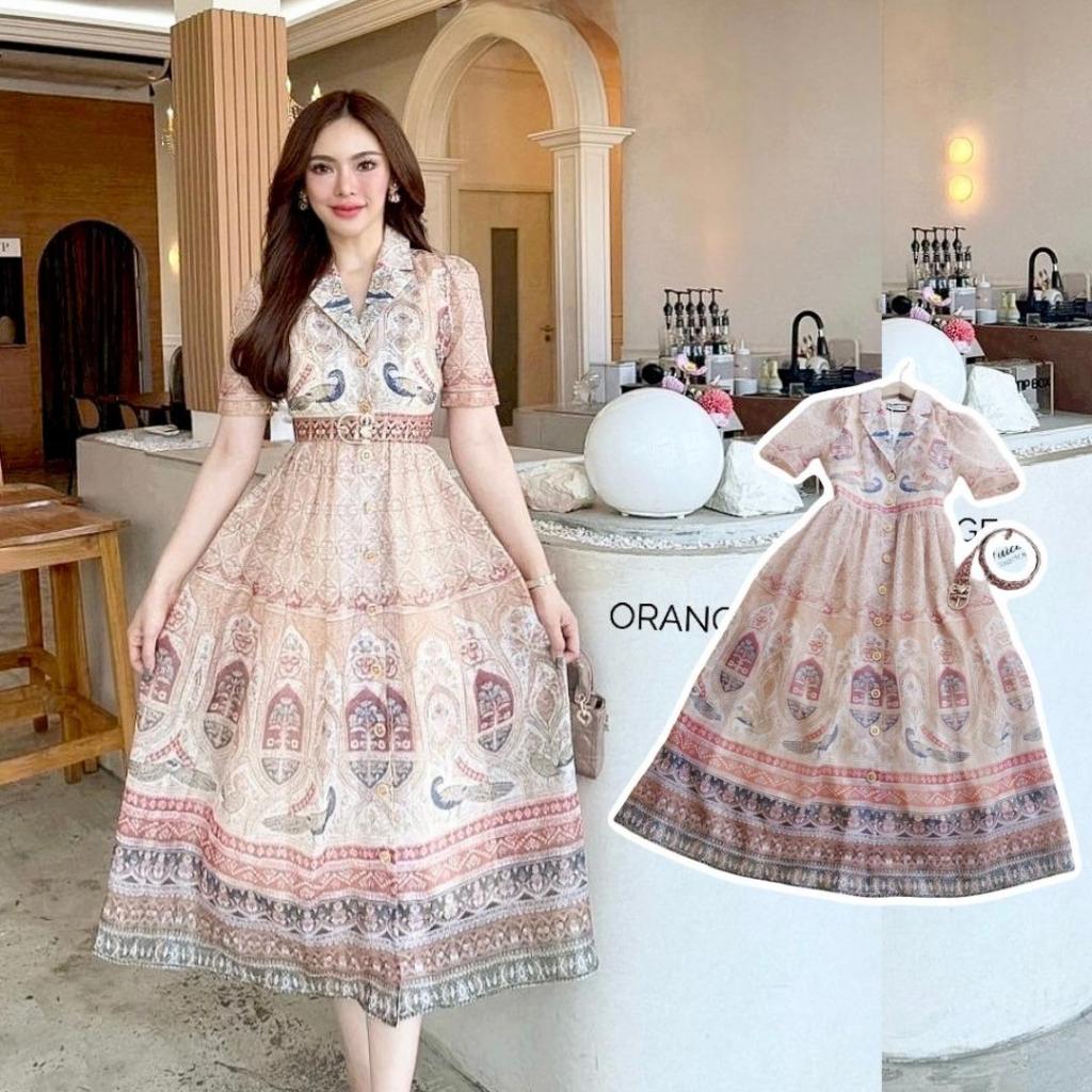 " WEE " ORANGE Juice JC273 ชุดเดรสคอปกผ้าชีฟองพิมพ์ลายนกยูง+เข็มขัด