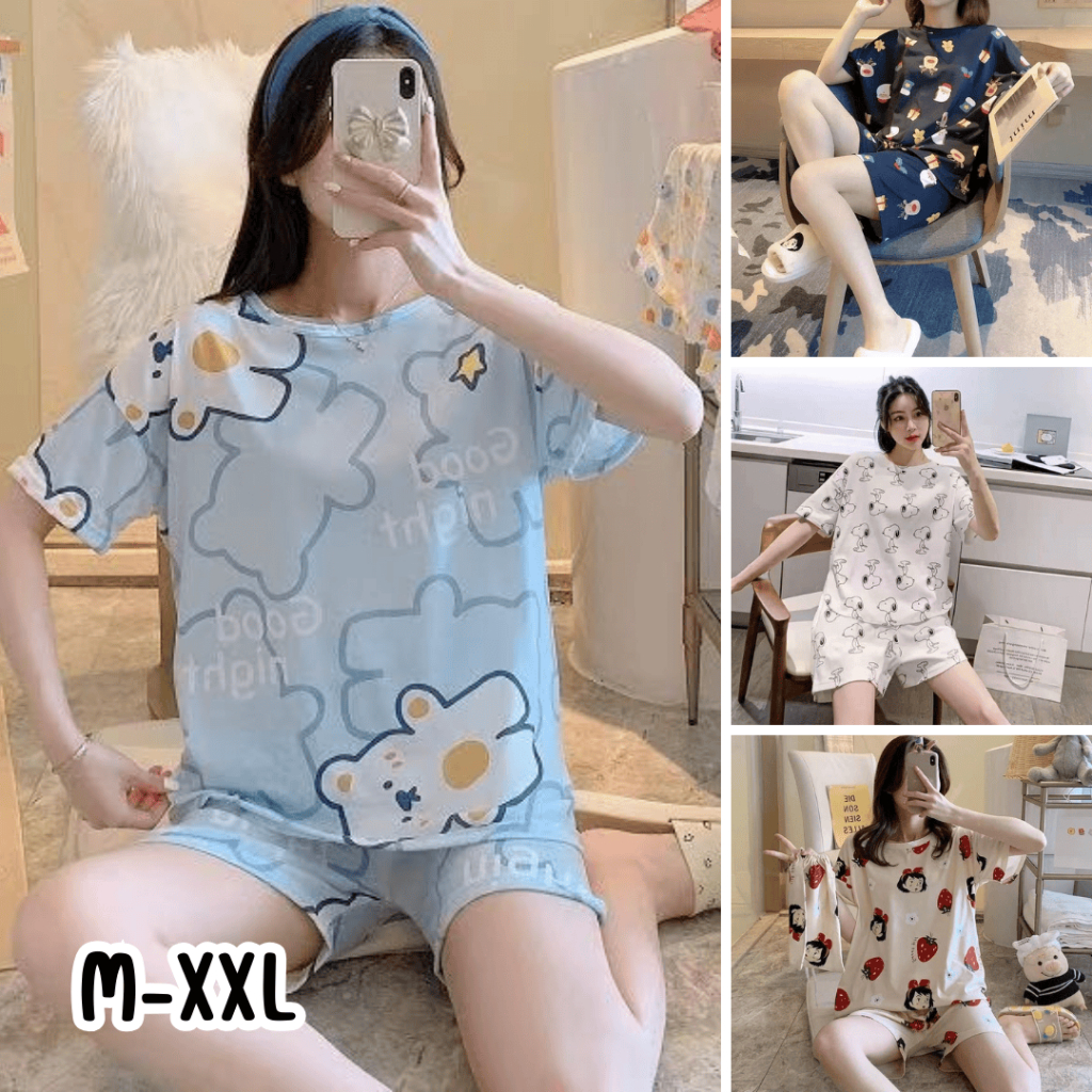 ADP FASHION ชุดนอนผู้หญิงแขนสั้น ผ้าลื่น ใส่นอนสบาย ไม่ร้อน มีหลายลายให้เลือก M-XXL