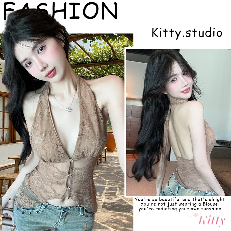 Kitty พร้อมส่ง🌸คอวีลึก เสื้อคล้องคอ🌸ทรงครอป ลูกไม้ผูกคอ โชว์หลังเซ็กซี่แซ่บ ซีทรูเบาๆ สีกากี ลำลอง รัดรูป แฟชั่นผู้หญิง
