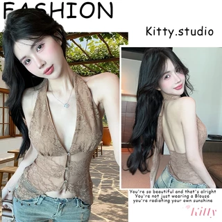 Kitty พร้อมส่ง🌸คอวีลึก เสื้อคล้องคอ🌸ทรงครอป ลูกไม้ผูกคอ โชว์หลังเซ็กซี่แซ่บ ซีทรูเบาๆ สีกากี ลำลอง รัดรูป แฟชั่นผู้หญิง