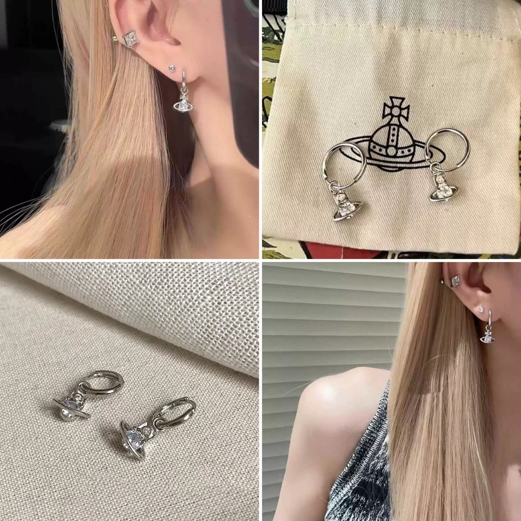 พร้อมส่ง! ราคา/คู่ ต่างหูรุ่น Crystal Saturn Earrings ต่างหูห้อยจี้ดาวเสาร์ สไตล์ Y2K ล็อกแน่น เนื้องานเกาหลี พรีเมี่ยม