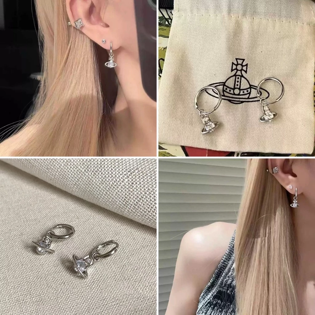 พร้อมส่ง! ราคา/คู่ ต่างหูรุ่น Crystal Saturn Earrings ต่างหูห้อยจี้ดาวเสาร์ สไตล์ Y2K ล็อกแน่น เนื้องานเกาหลี พรีเมี่ยม