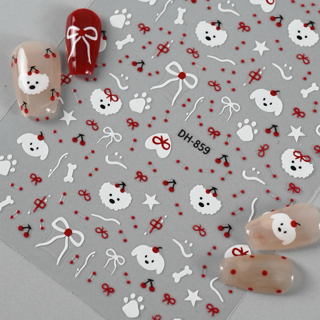 สติกเกอร์ติดเล็บ 3D ลายน้องหมาสีขาว และเชอร์รี่  น่ารักสุดๆ แผ่นละ 9 บาท