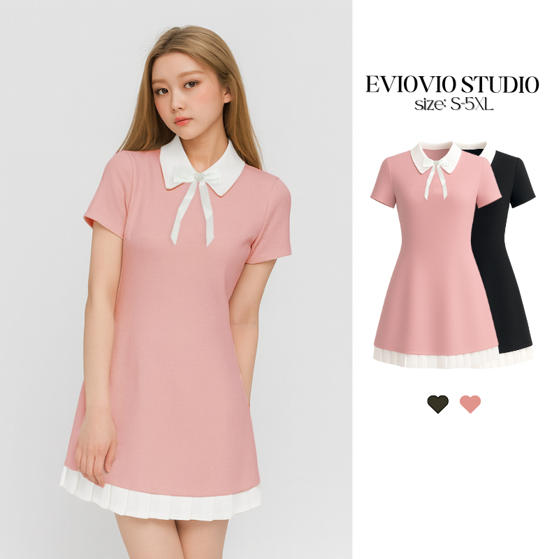 【EVIOVIO】S-5XL ชุดเดรสสั้น ปก Peter Pan สีขาว 🎀โบว์ประดับเพชร ชายกระโปรงพลีท ทรง A-line สไตล์ญี่ปุ่น