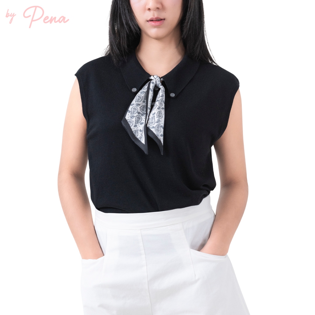 By Pena เสื้อผู้หญิงแขนกุดคอปก ผ้าแฟลตนิต BPSW062501