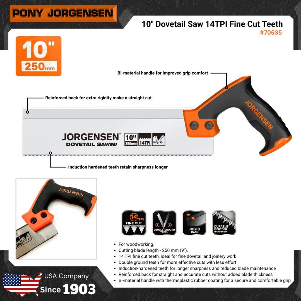 PONY l JORGENSEN รุ่น #70635 เลื่อยบังตอ ขนาด 10 นิ้ว 14ฟัน / 10in Dovetail Saw 14TPI Fine Cut Teeth