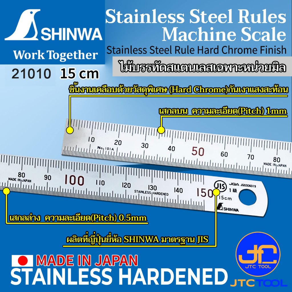 Shinwa ไม้บรรทัดสแตนเลสเฉพาะหน่วยมิล H-101 - Stainless Steel Rule JIS Standard H-101 [Metric]