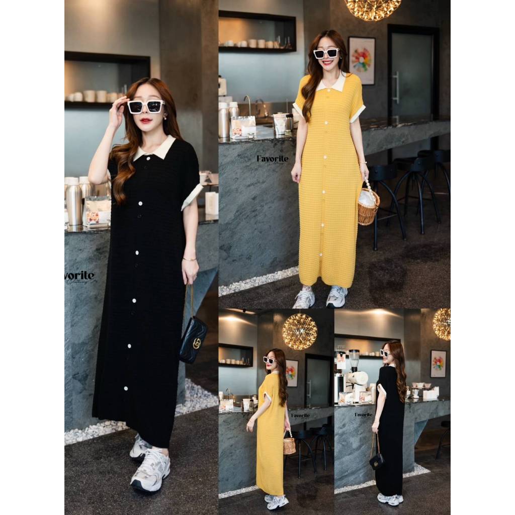 •FAVORITE• FVR 51047 เดรสไหมพรมคอปก ดีเทลแต่คอและขอบแขนสีทูโทน ผ้ามีTextureในตัว