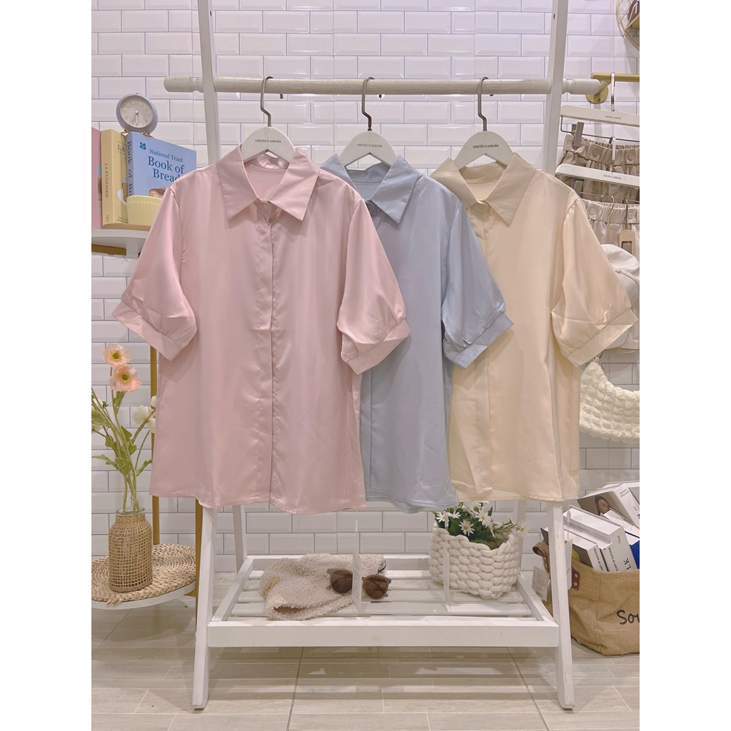 •A29• เสื้อเชิ้ตคอปกแขนสั้นผ้าซาตินใส่สบาย กระดุมหน้า (อก42