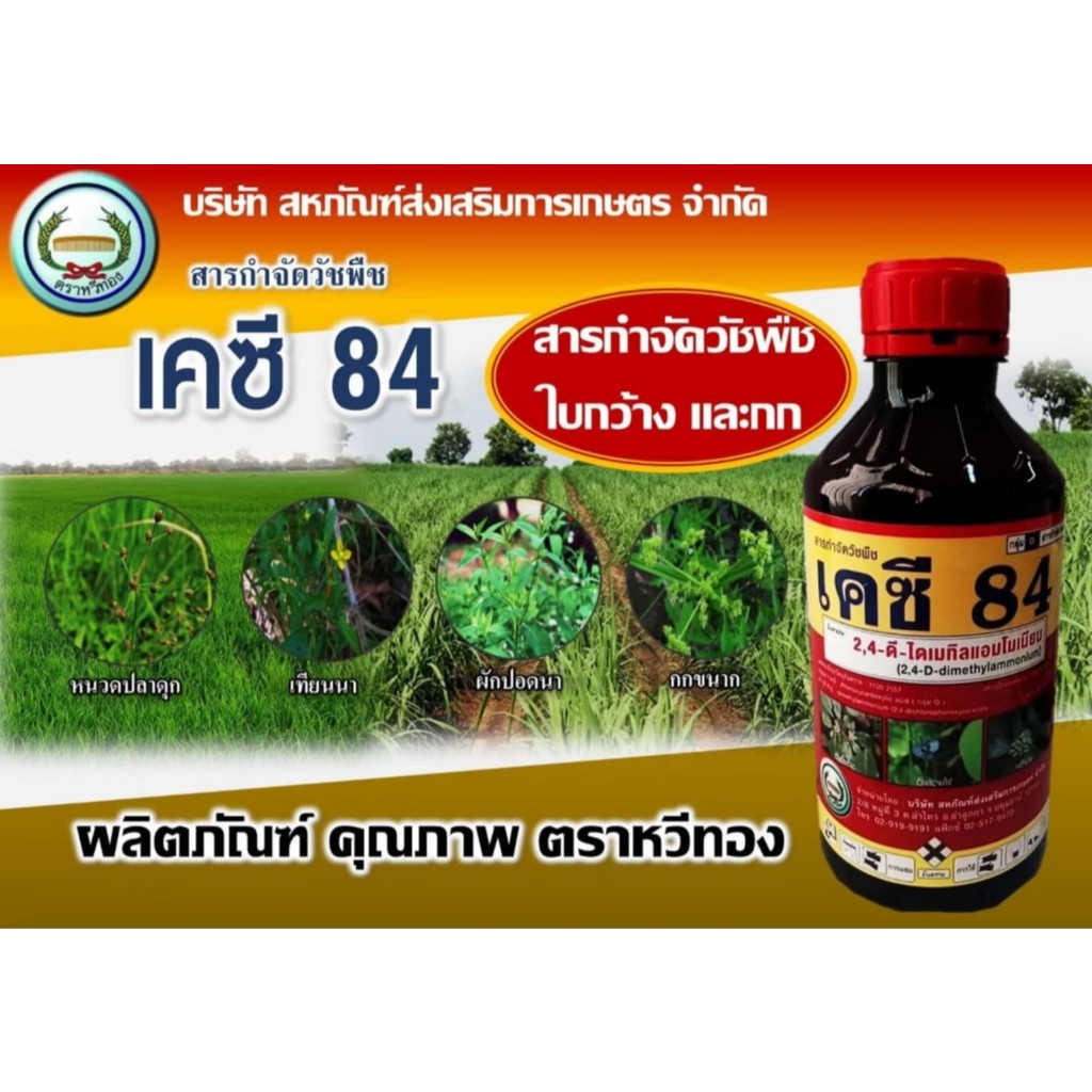 เคซี 84 ทูโฟดี หรือ 2,4-D 1 ลิตร 2-4 สารกำจัดวัชพืชชนิดดูดซึม ชนิดใบกว้างและกก ใช้ในนาข้าวและอ้อย ตราหวีทอง