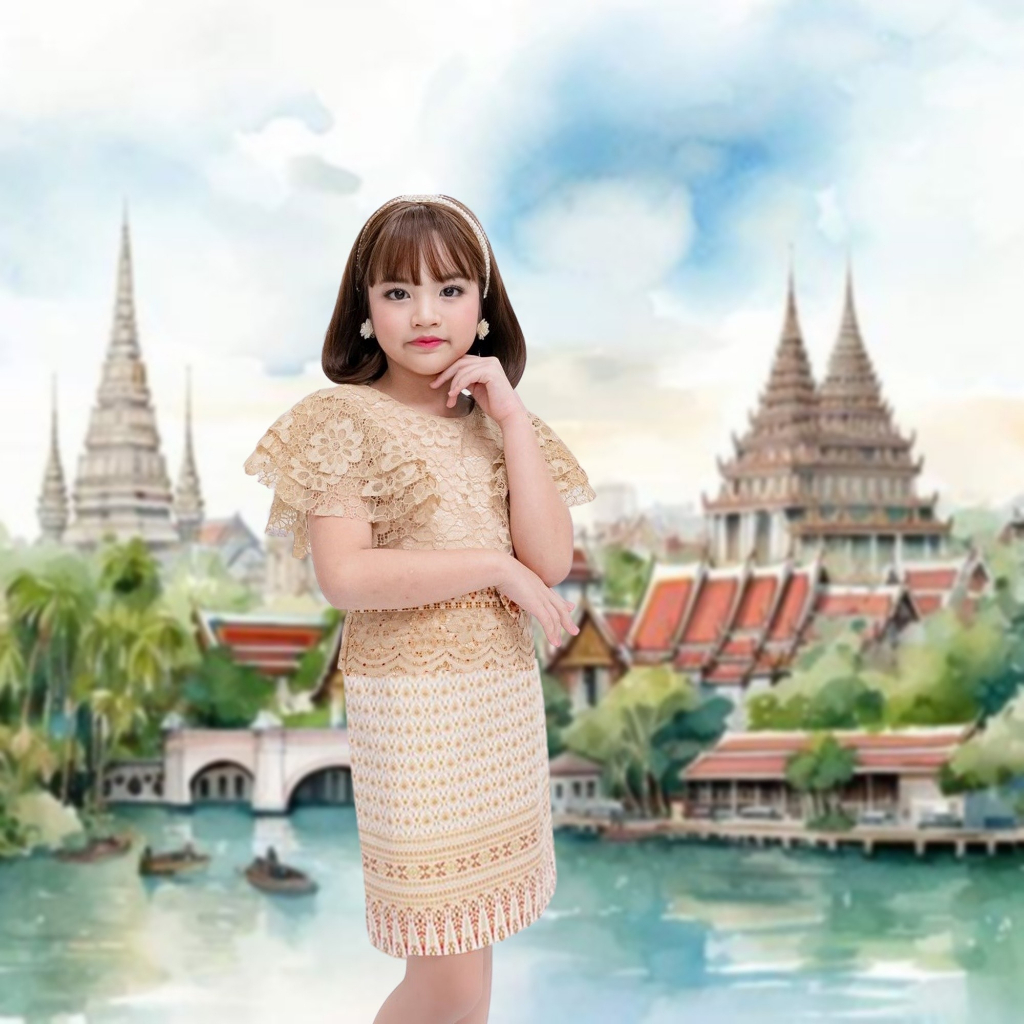 ชุดทำบุญ ชุดไทย สีทองขาว ชุดไทยแม่ลูก เสื้อลูกไม้ ผ้าไทยขลิบทอง ชุดไปวัด ชุดไทยประยุกต์ Mae Yhing - รูปที่ 7