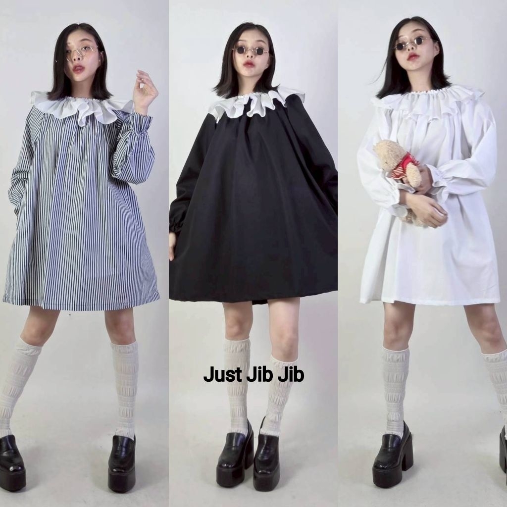 เดรสสั้น oversize  ทรงปล่อย แต่งระบายคอ