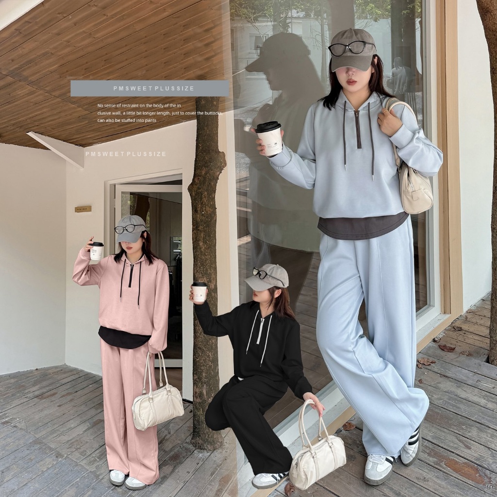 [  อกถึง 53″ ] : PMP2438 : พรีออเดอร์ ชุดเซตเสื้อกางเกง Airport look ตัวเสื้อมีฮู้ดเป็นทรงหลวม