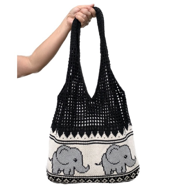 กระเป๋าถักไหมพรม ลายช้างแฟชั่น Tote bag สะพายไหล่ งานถักแน่น Knitted Elephant Bag