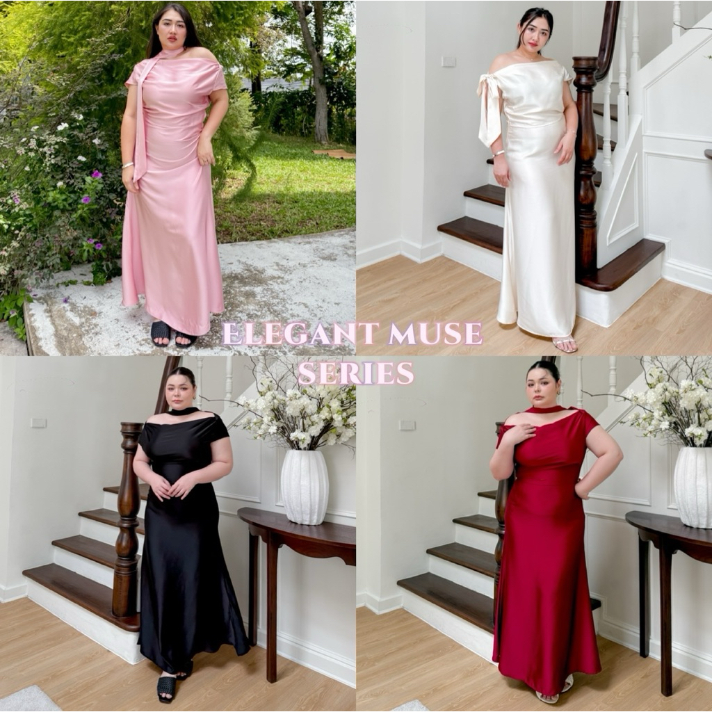 Lady M | Elegant Muse Series Dress plussize เดรสซาตินกระโปรงยาว เปิดไหล่สุดเรียบหรู ใส่ออกงานแต่ง ดินเนอร์