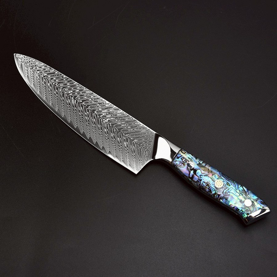 มีดเชฟ8นิ้ว ดามัสกัสแท้67ชั้น แกนVG10 ด้ามเปลือกหอยเปาหื้อ Chef Knife Damascus รุ่นCDG-016 พร้อมส่ง