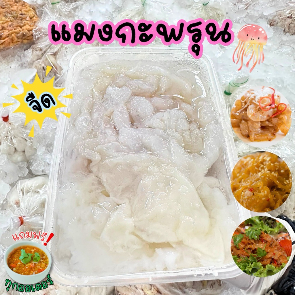 🪼แมงกระพรุน+ฟรีน้ำจิ้มซีฟู้ด‼️ แมงกระพรุนจืดส่วนขาล้วน กรุบกรอบ สะอาด พร้อมส่งทั่วไทย🛺