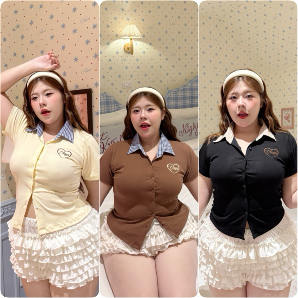 เสื้อครอปแขนสั้นแต่งคอปกสก๊อต ดีเทลงานปักอก งานกระดุมหน้าใช้งานได้จริง