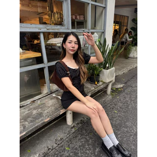 Villalaa polkadots top เสื้อเชิ้ตแขนตุ๊กตา แต่งระบายลูกไม้ ผูกโบว์ สายฝอ