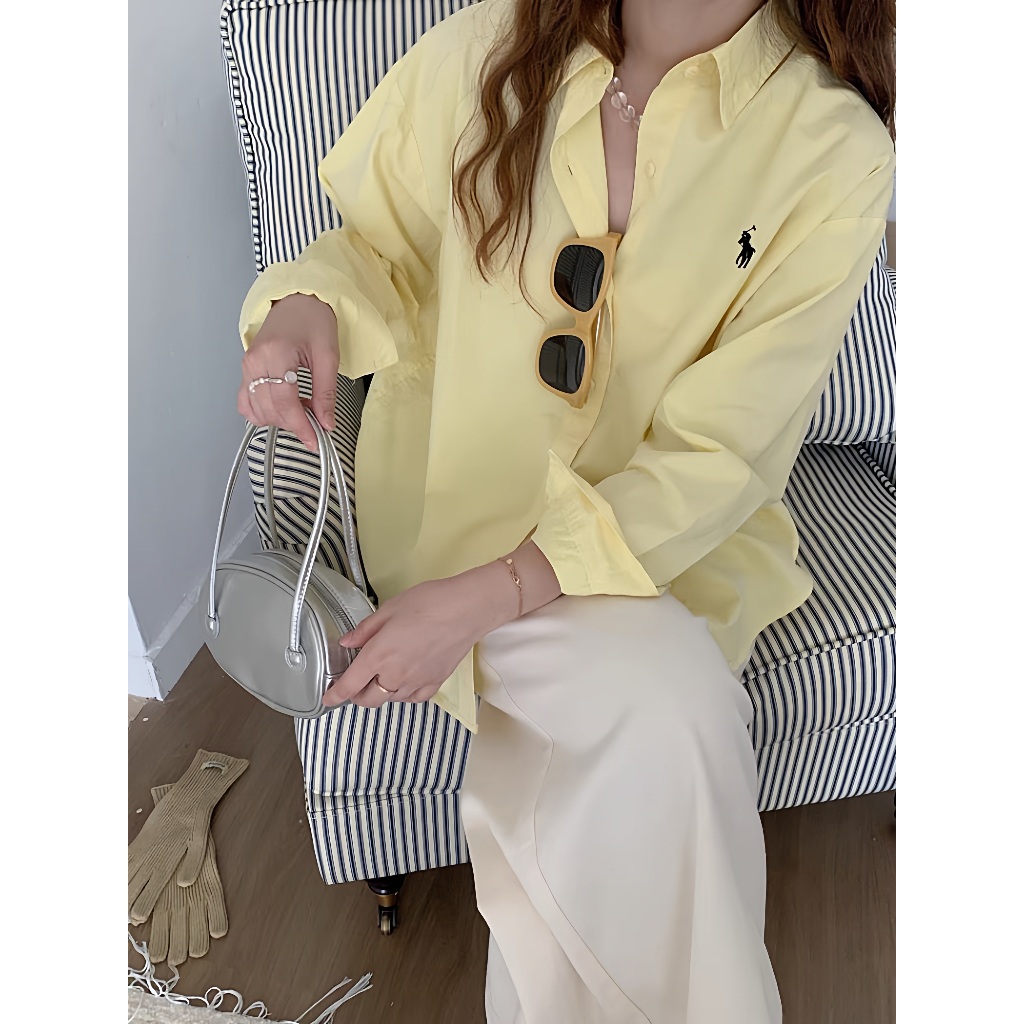 เสื้อเชิ้ตผู้หญิงแขนยาว เสื้อโปโล ทรงหลวม ปักลาย สไตล์ขี้เกียจ สดชื่น สีขาว - รูปที่ 6