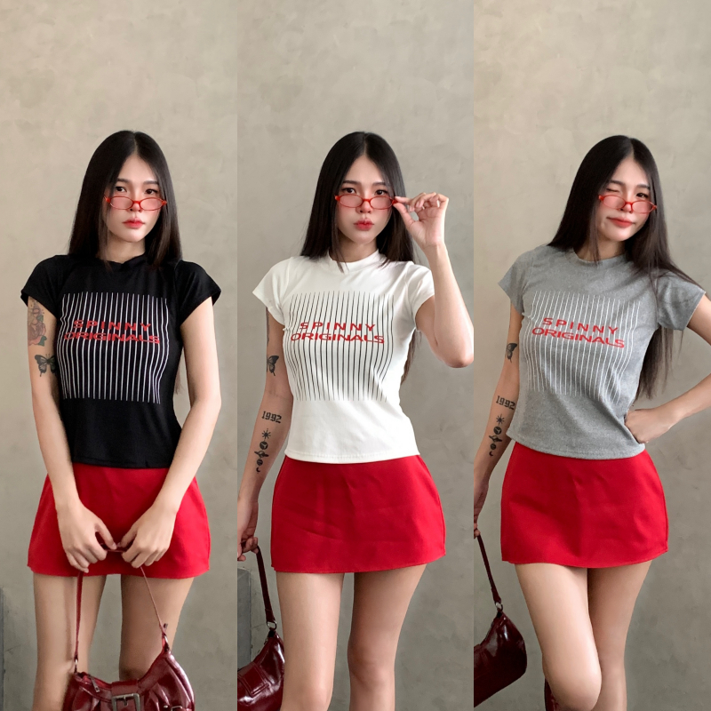🌈SpinnyHouse🌈เสื้อยืดผู้หญิง สกรีนลาย สไตล์ Y2K สุด พร้อมส่ง เสื้อทรงสลิมฟิต ผ้าร่องยืด รุ่น กิมจิร่อง2 ORI