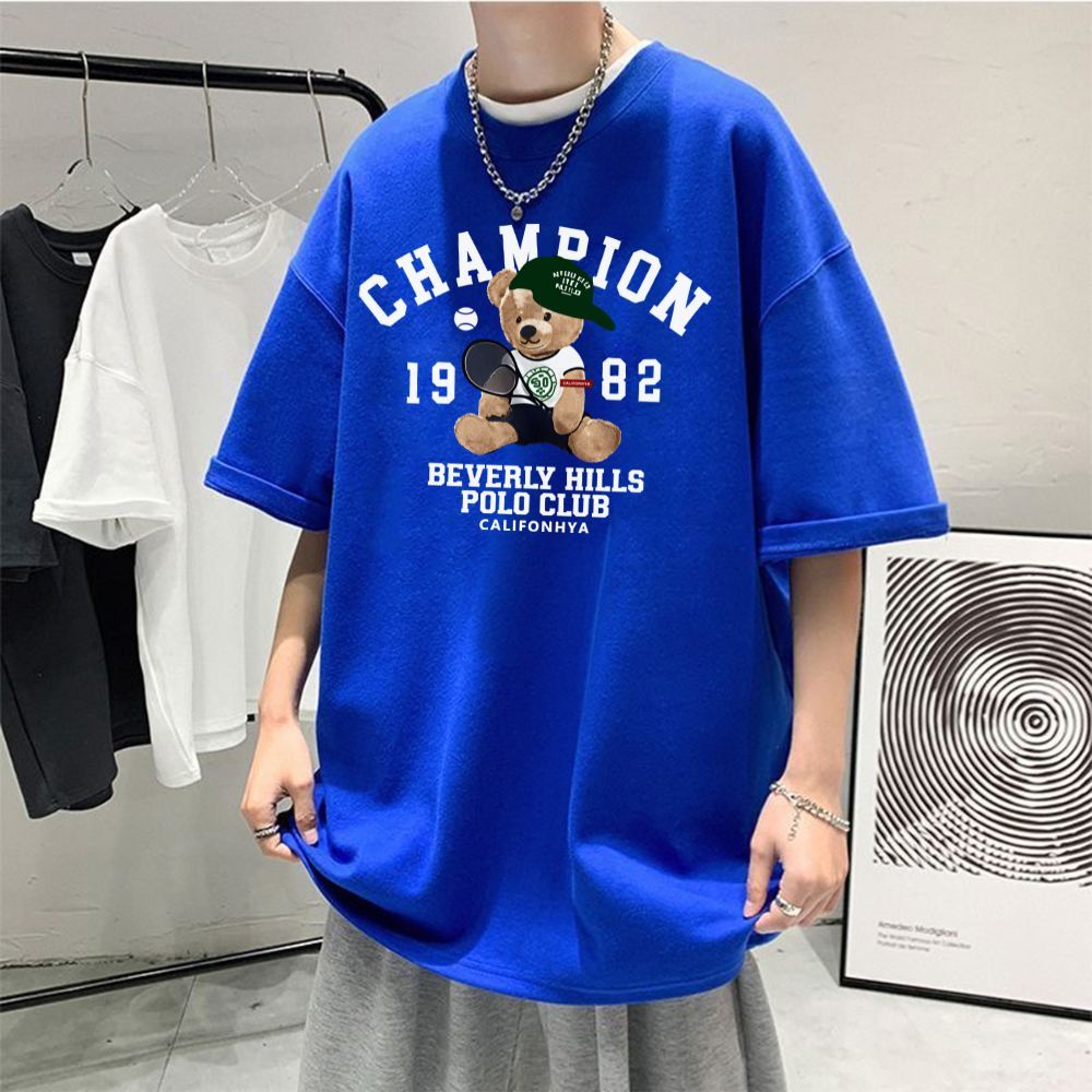 TeeTwoOnเสื้อสีฟ้า ผ้าฝ้ายแท้100% T-shirt พิมพ์ลาย "CHAMRION BEAR" เสื้อเชิ้ต ผู้ชาย โคตรนุ่ม OVERSIZE เสื้อคอกลม【COD】