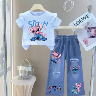 PINKชุดเซ็ทเด็ก2ชิ้น ลายน่ารัก เสื้อแขนระบาย*กางเกงยีนส์เทียม(ผ้าฝ้ายโพลี)5847