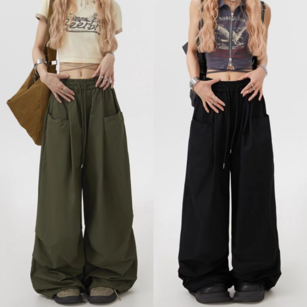 กางเกงคาร์โก้ขายาว SIZE S-8XL เอวสม็อคมีเชือกรูดข้อเท้า ใส่สบาย