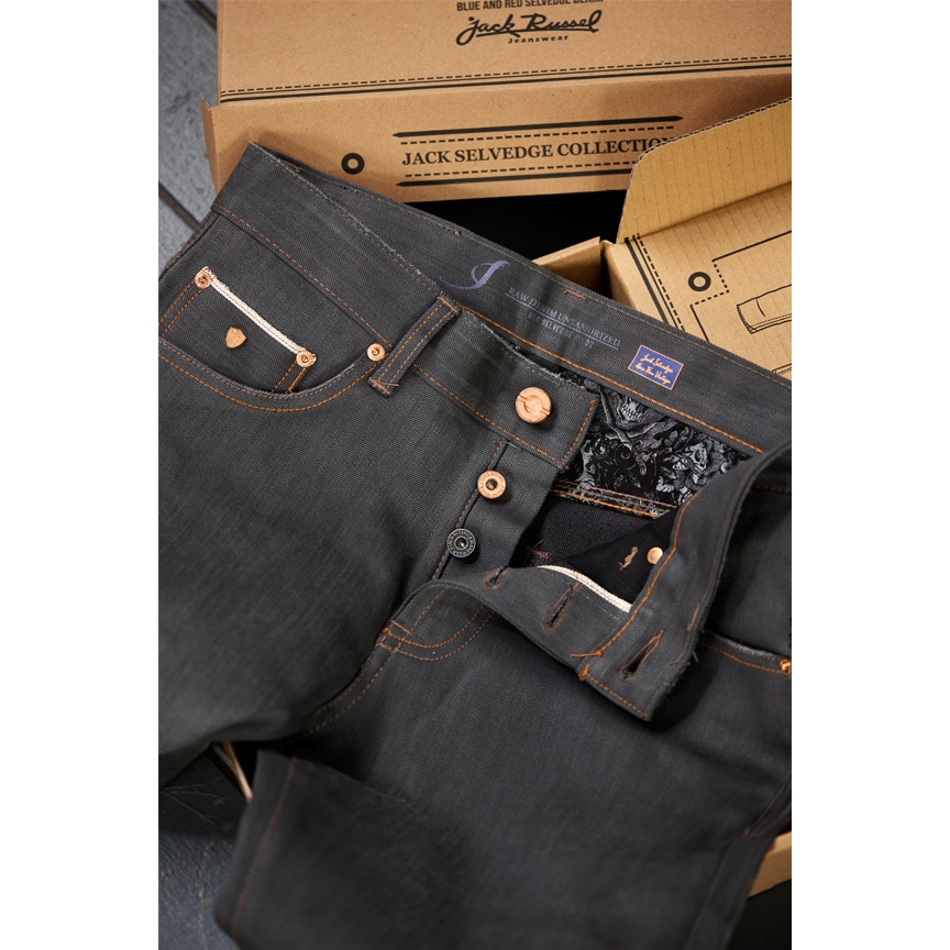 กางเกงยีนส์ผ้าดิบริมแดงผู้ชาย Jack Russel Meiterwerk J-RIM5 Slim Fit Metallic Grey & Red Selvedge Unsanforized