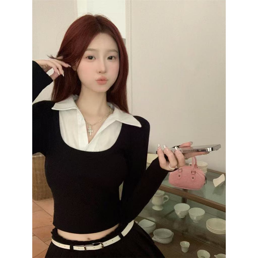 พร้อมส่ง✨เสื้อแฟชั่นผู้หญิง เสื้อครอปดีไซน์เก๋ คอปก เสื้อไหมพรมแขนยาว เย็บติดกัน สไตล์เกาหลี  ใส่คู่เสื้อกล้าม ดีเทลคอปก