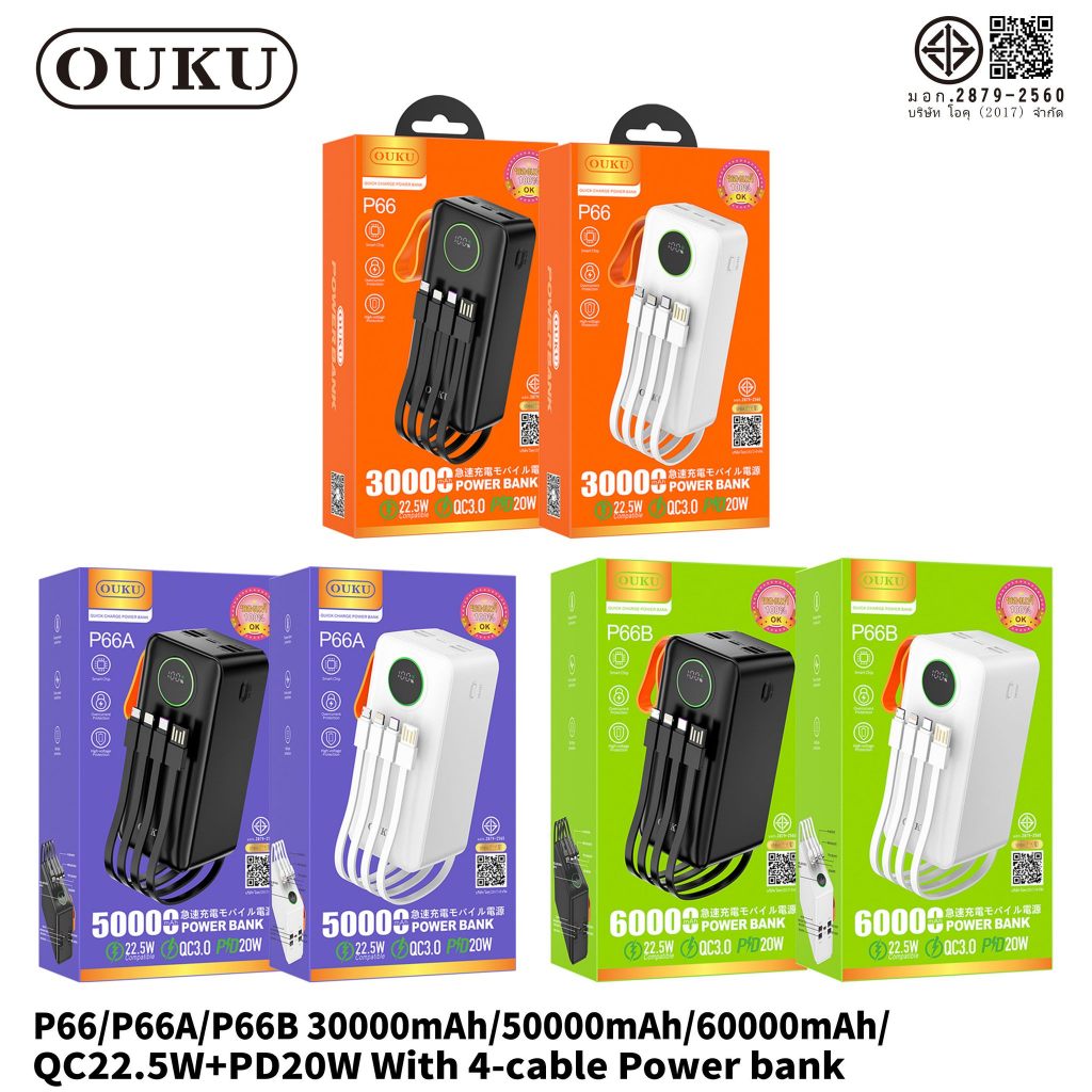 พาวเวอร์แบงค์ความจุสูง OUKU P66 | P66A | P66B  QC22.5 + PD20W จ่ายไฟแรง! ชาร์จได้พร้อมกันหลายเครื่อง