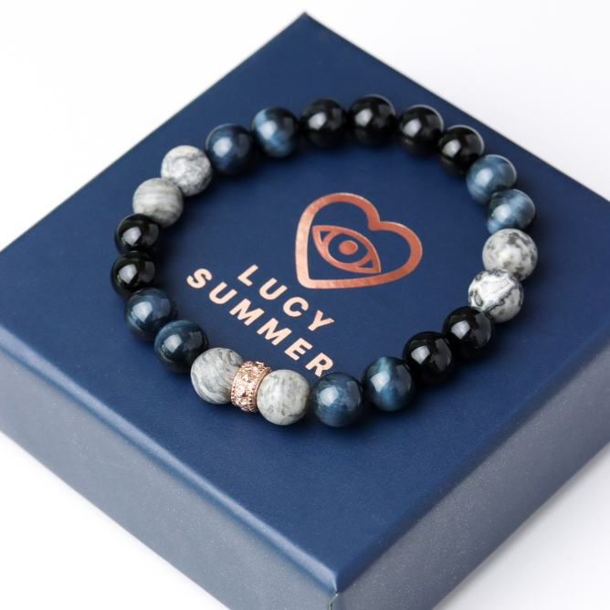 LUCYSUMMER BLUE SILVER BLACK 8 mm (กำไลหินแท้ บลูไทเกอร์อาย ,Silver agate, Onyx)