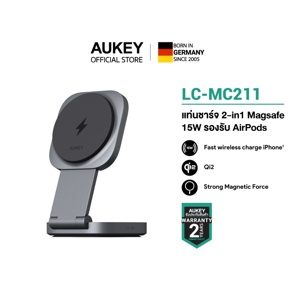 AUKEY LC-MC211 แท่นชาร์จไร้สายแม่เหล็ก MagFusion L Qi2 Foldable 2-in-1 Magnetic Wireless Charger