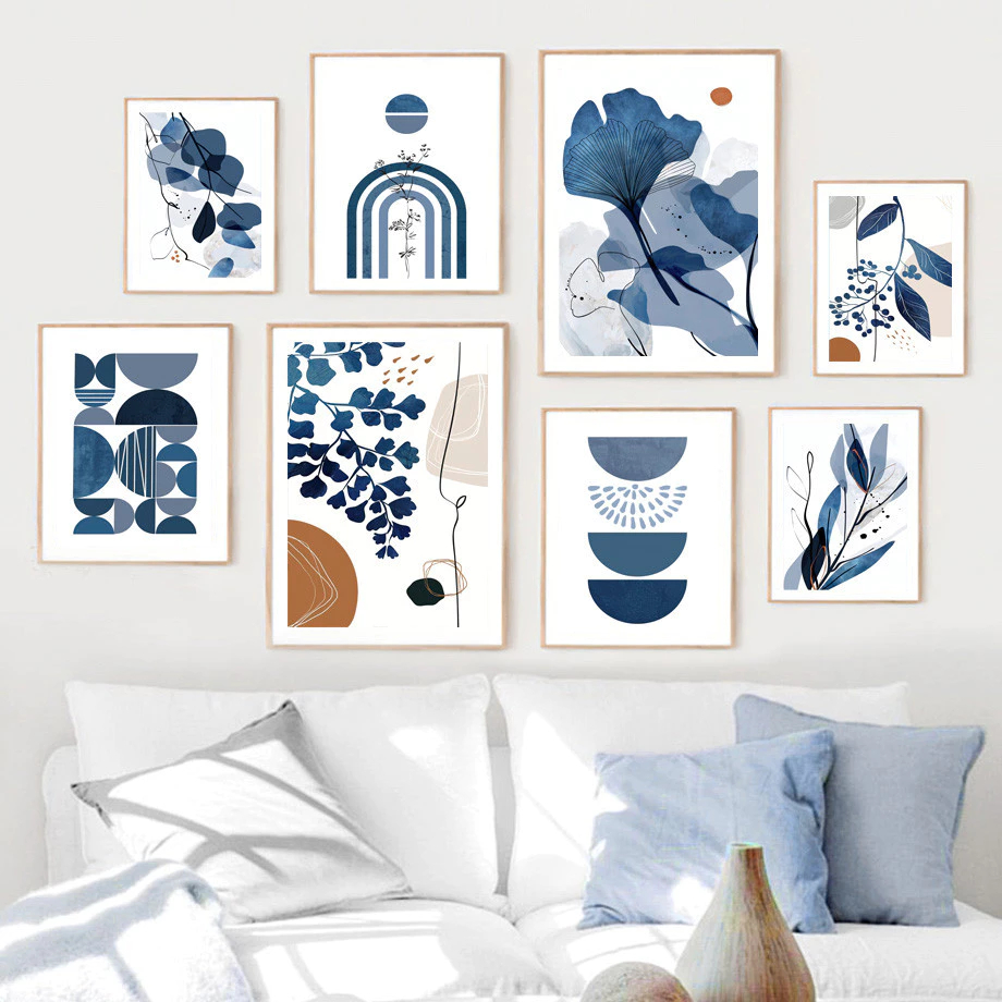 (พร้อมส่งจากไทย ภาพรวมกรอบ)Boho Blue Abstract Leaves เรขาคณิต โมเดิร์น แกลเลอรี่ ผนัง ศิลปะ ตกแต่งบ้าน