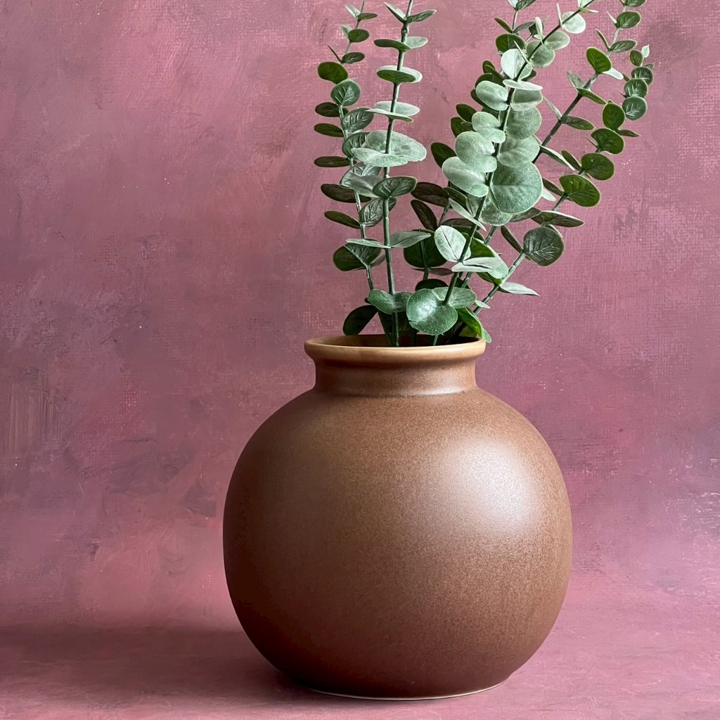 แจกันเซรามิค แจกันดอกไม้ แจกันสีน้ำตาล แจกันอ้วน แจกันทรงกลม vase vase ceramic- AT1CERAMIC