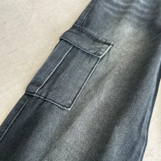 #6621 (XS-6XL) jinjeans กางเกงยีนส์คาร์โก้สีดำฟอก แต่งเฟด