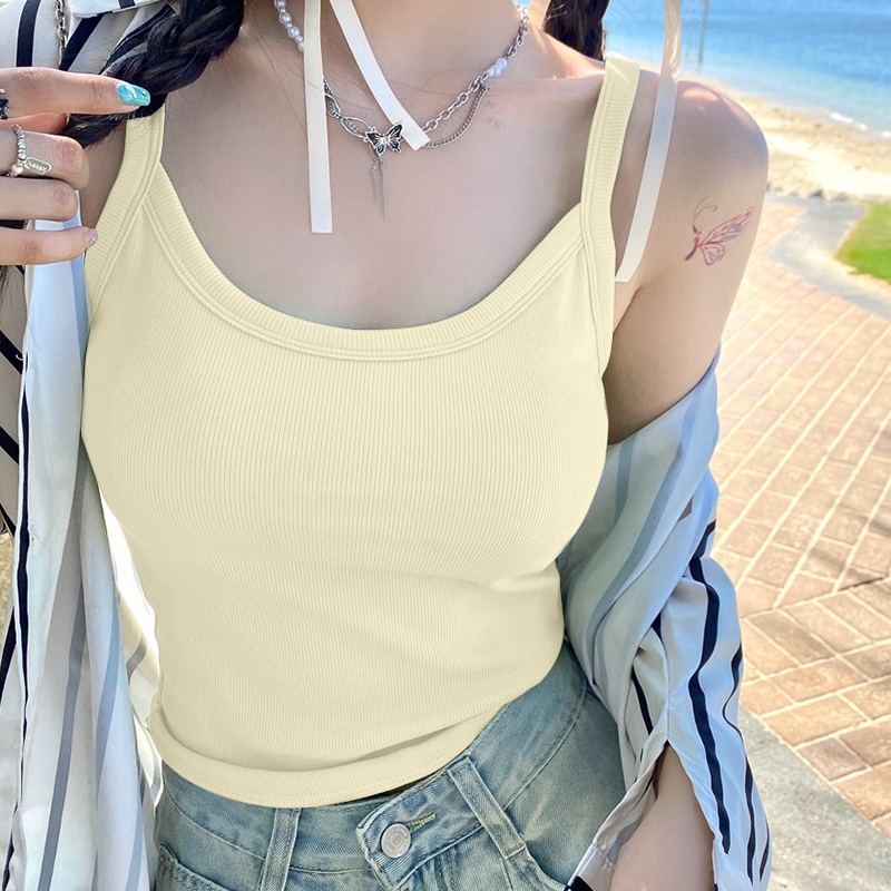 เสื้อสายเดี่ยว (S-3XL) ทรงครอป มีบราในตัว เหมาะกับสาวๆสายเที่ยวสายไปคาเฟ่ สีสันสดใส ผ้าใส่แล้วไม่ร้อ