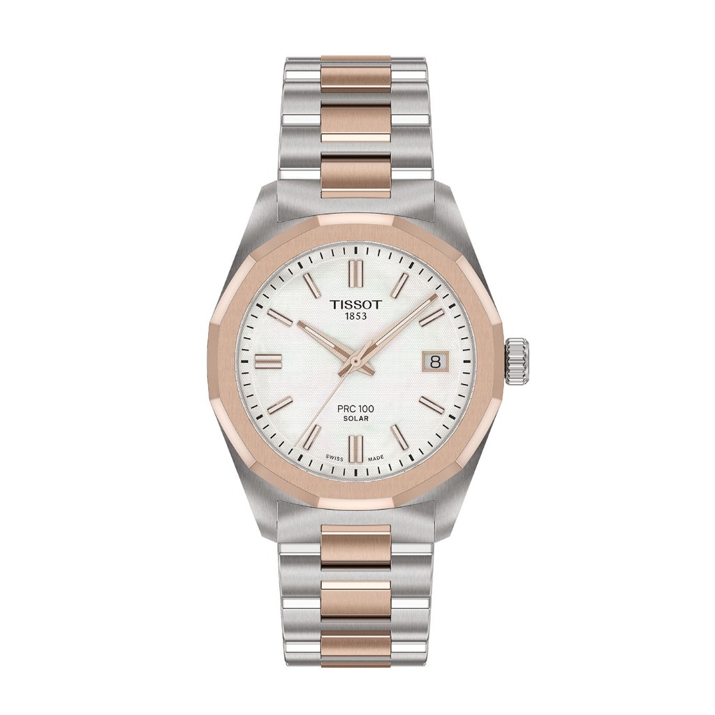 Tissot PRC 100 Solar Quartz 34 mm. ทิสโซต์ พีอาร์ซี 100 โซลาร์ ควอตซ์ สีทองคาร์เนชัน เทา T1518222211