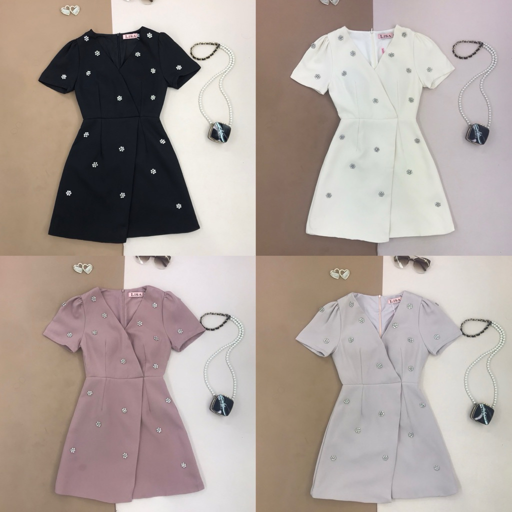 [LISA] A1057 ชุดเดรสกระโปรงคอวีแขนสั้นดีเทลแต่งเพชรดอกไม้ ใส่เที่ยว ออกงาน ดินเนอร์ คาเฟ่ ออกเดท