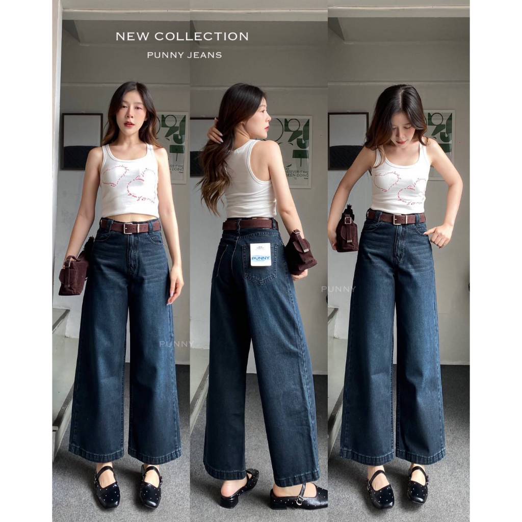 กางเกงยีนส์เอวสูงขากระบอกดีเทลเก๋เย็บปลายขาใหญ่ ป้ายPunny ยาว36นิ้ว