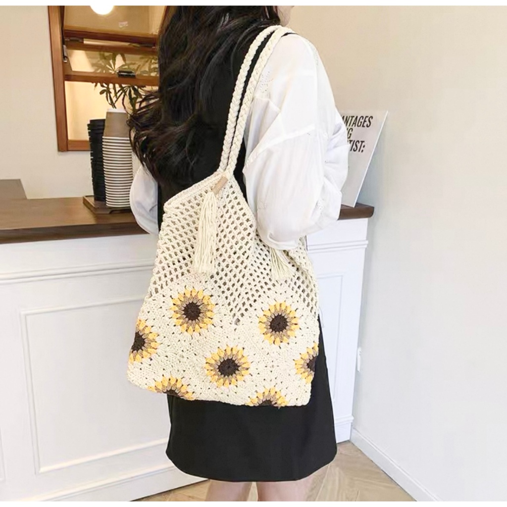 One shoulder tote bag handbag 2025 woven large capacity vacation style hollow artistic feeling（B358