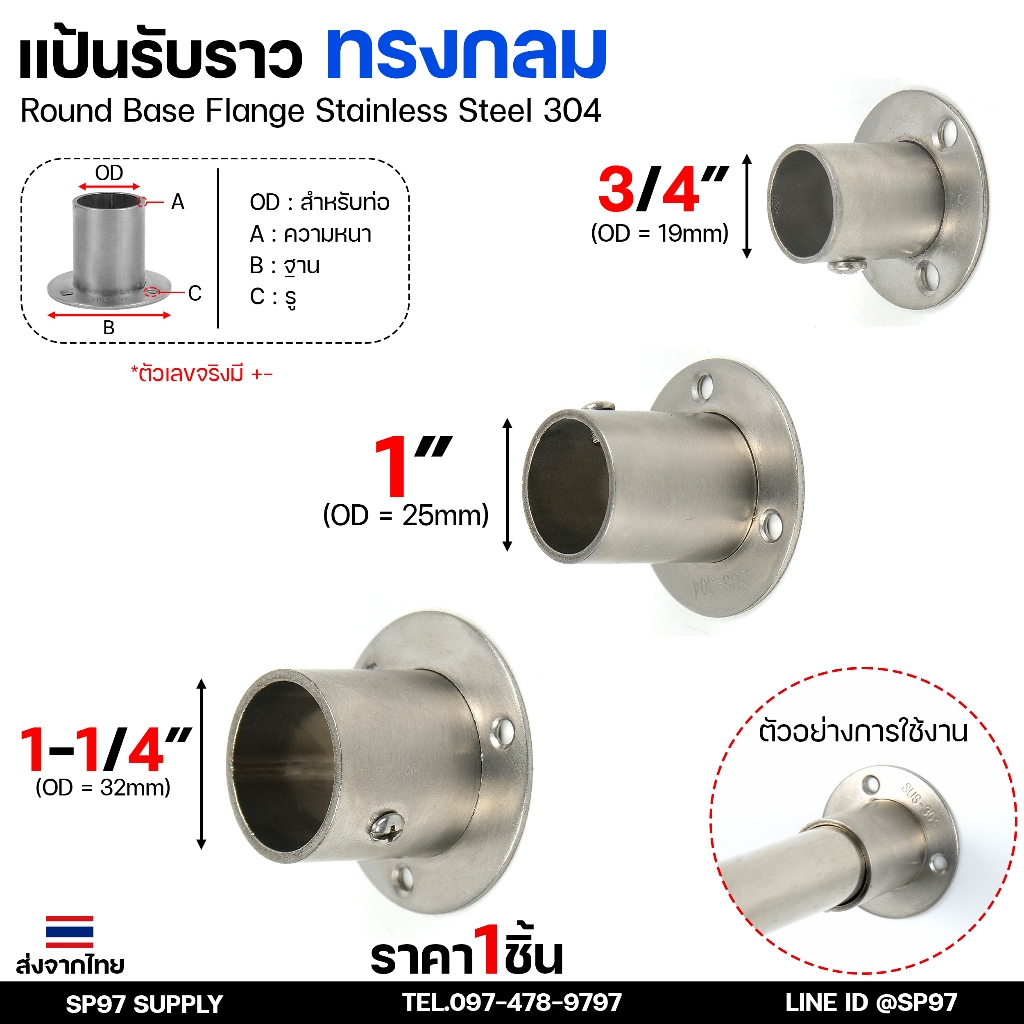 แป้นรับราว (ทรงกลม) สแตนเลสแท้ เกรด304 อย่างหนา ใช้ รับราวตู้เสื้อผ้า รับราว ตากผ้า ผ้าม่าน แขวนผ้า ราวท่อกลม