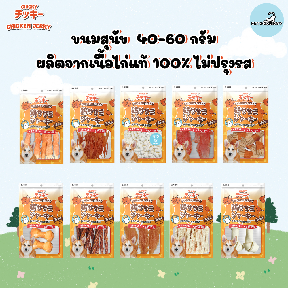 CatHoliday [ 40g-60g ] ขนมสุนัข Chicky Chicken Jerky เนื้อแท้ โปรตีนสูง ไม่เติมเกลือ ไม่ใส่แป้ง