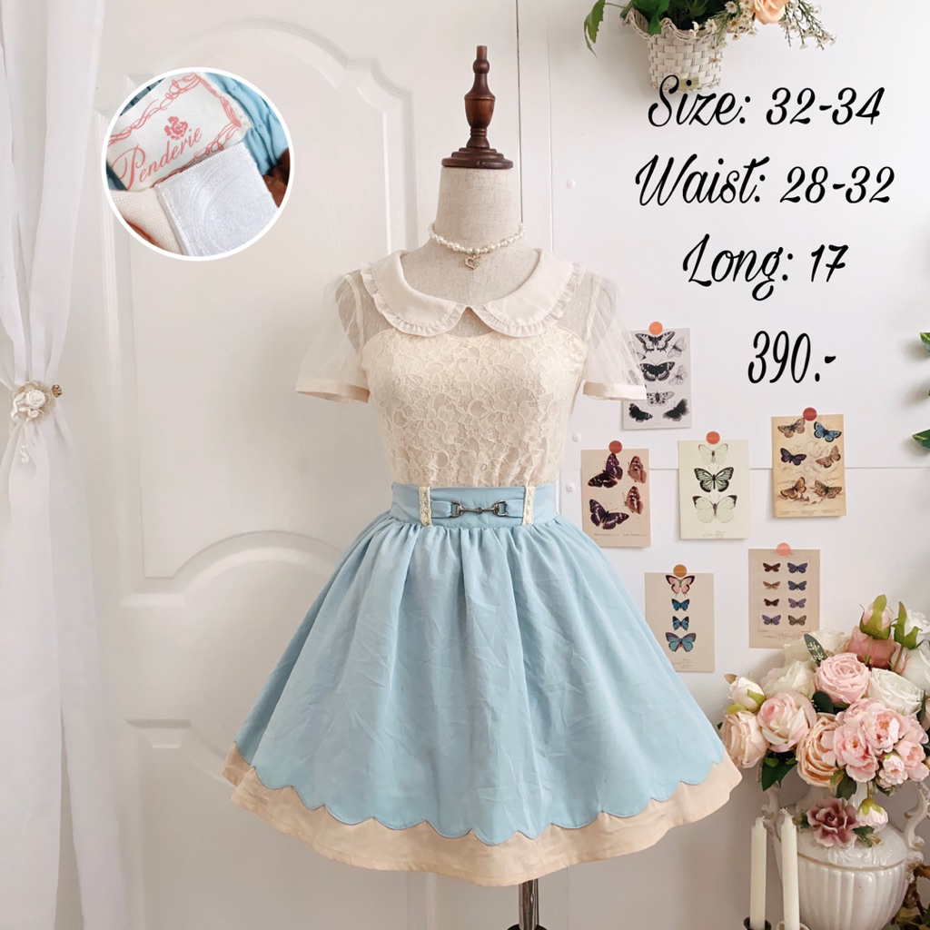 เซ็ต เสื้อลูกไม้คอบัว ช่วงไหล่ซีทรู + กระโปรง #penderie by lizlisa สม็อคหลัง ขอบเเต่งหยักๆค่ะ