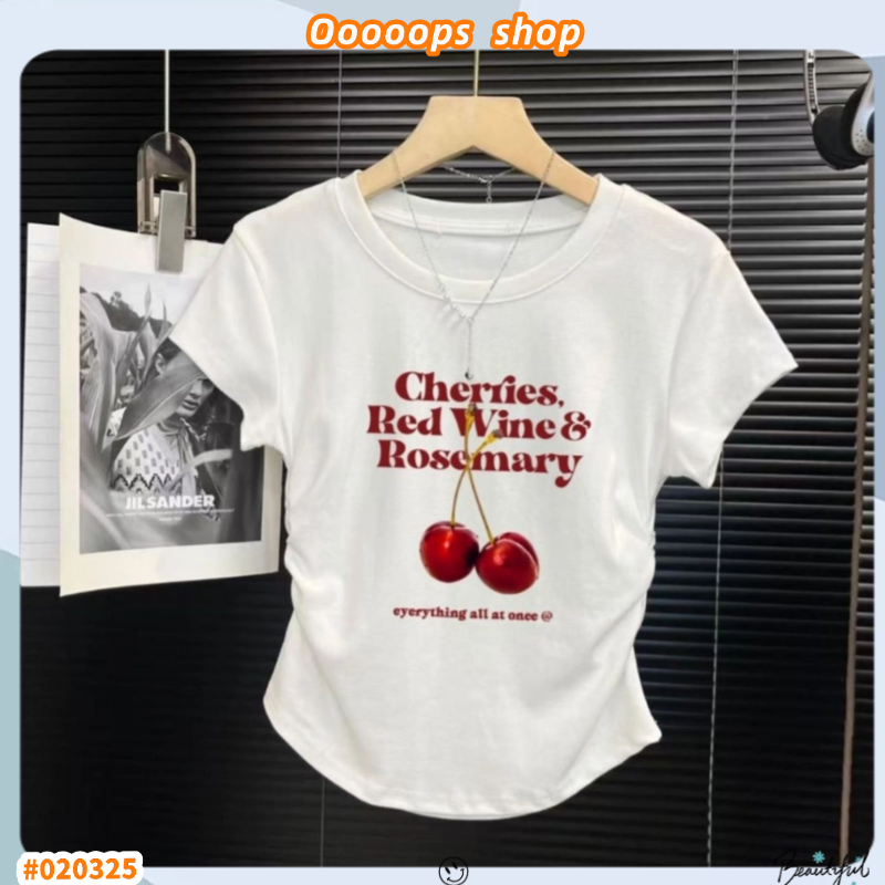 เสื้อยืด เสื้อเเขนสั้นผู้หญิง สายหวาน ไหล่ตรง ใส่เเล้วดูผอม ลายเชอรี่ #02325