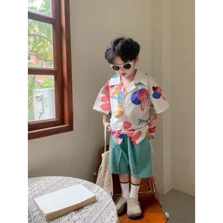 AY093 ชุดคู่แฟชั่นเด็ก พี่ชาย-น้องสาว เสื้อเชิ้ต+เดรส ลายเพ้นท์การ์ตูน สีสันสดใส ผ้านิ่ม ระบายอากาศดี