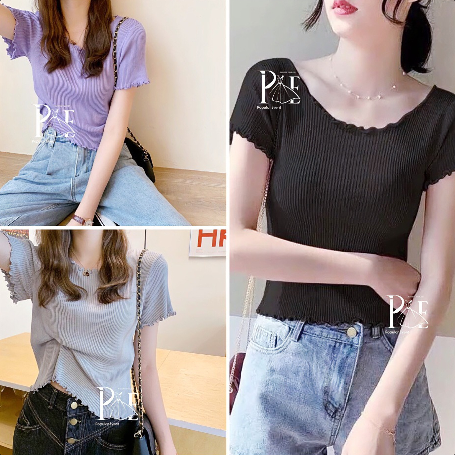 พร้อมส่ง เสื้อครอป แขนสั้น คอกลม แต่งขอบหยัก ทรงเข้ารูป ผ้าดี ยืดได้เยอะ ใส่แมตช์ลุคง่าย เนื้อผ้าเรยอน สไตล์ลำลอง