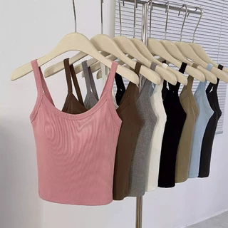 เสื้อสายเดี่ยว (S-3XL)ทรงครอป มีบราในตัว เหมาะกับสาวๆสายเที่ยวสายไปคาเฟ่ สีพื้นสีสันสดใส ผ้าใส่แล้วไม่ร้อนใส่สบาย