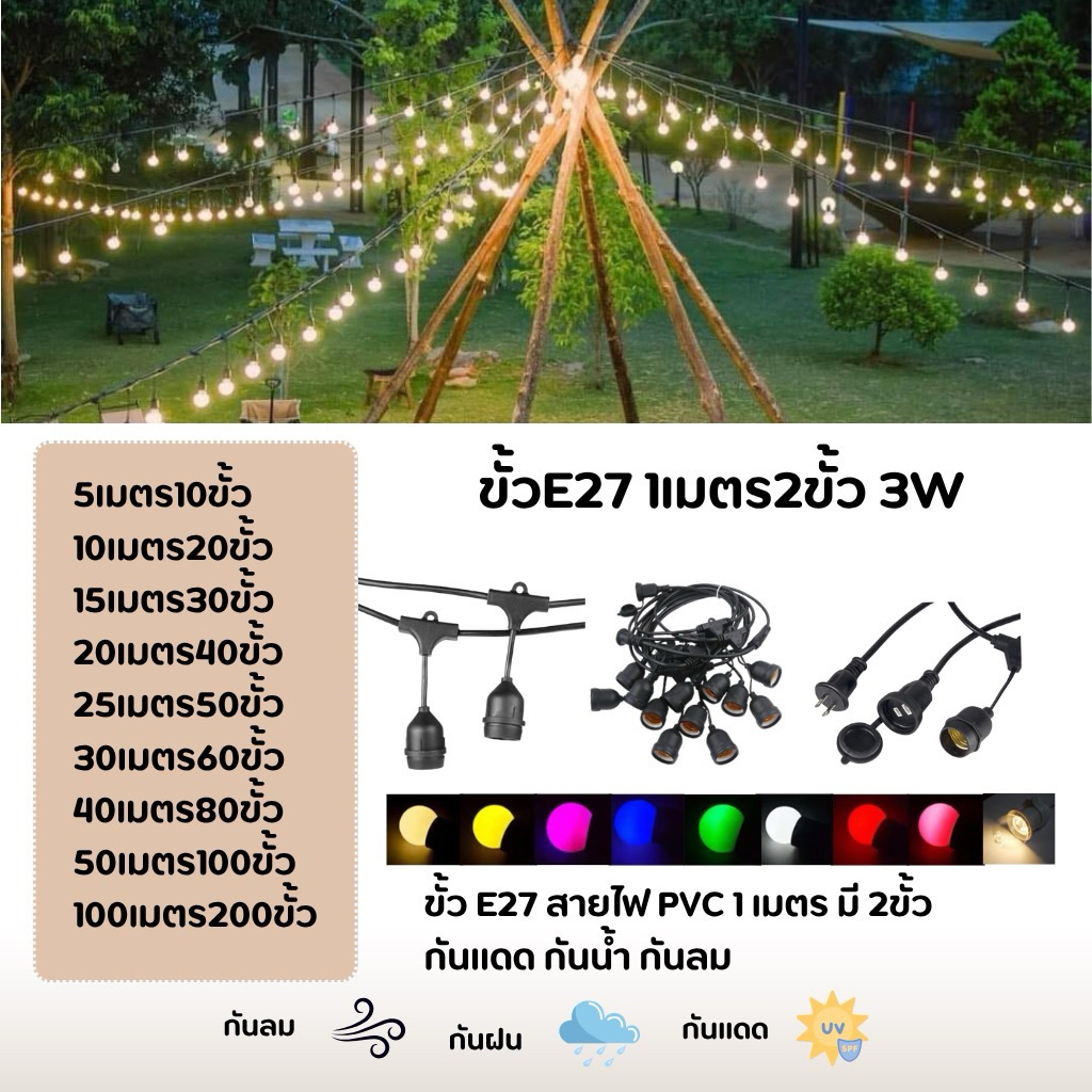 สายแพ ขั้วE27 สายไฟขั้วห้อยระย้า 10-50เมตร พร้อมหลอดไฟLED 3W สายไฟขั้วระย้า งานคุณภาพ กันน้ำ เส้นหนา ทนทาน ขายไฟราว