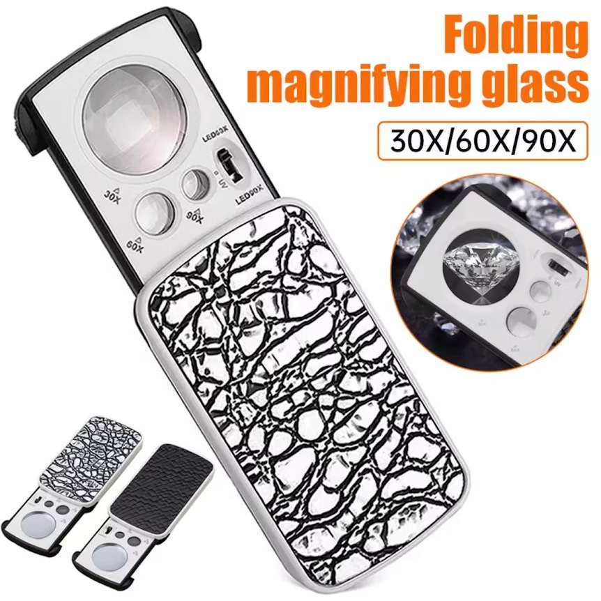 เครื่องประดับ Loupe แว่นขยาย LED UV Light 30X 60X 90X Jewelers Eye แว่นขยายสําหรับอัญมณีแสตมป์เหรียญนาฬิกาโบราณวัตถุ